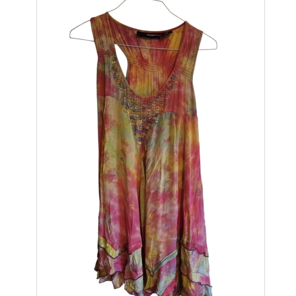 Denim 24/7 Pink and Yellow Asymmetrical Ruffled Tank Top - Picture 1 of 4